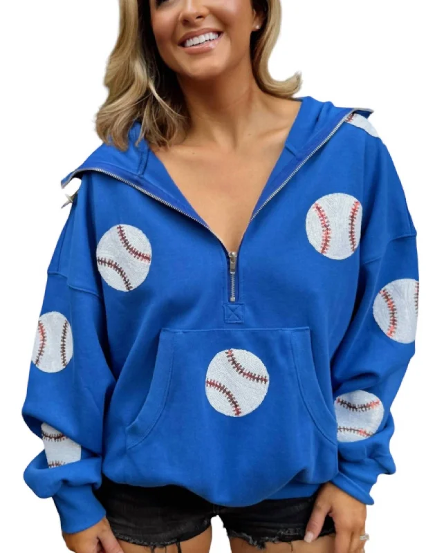 Baseball Blue Sequin Drawstring Quarter-Zip Pullover