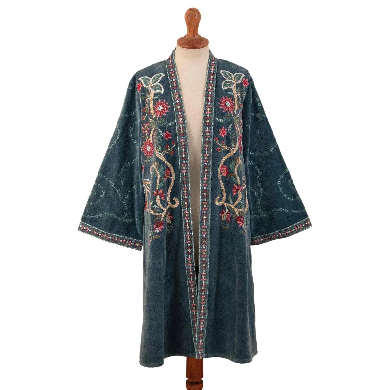 Novica Handmade Blue Kashmiri Garden Cotton Velvet Kimono Jacket