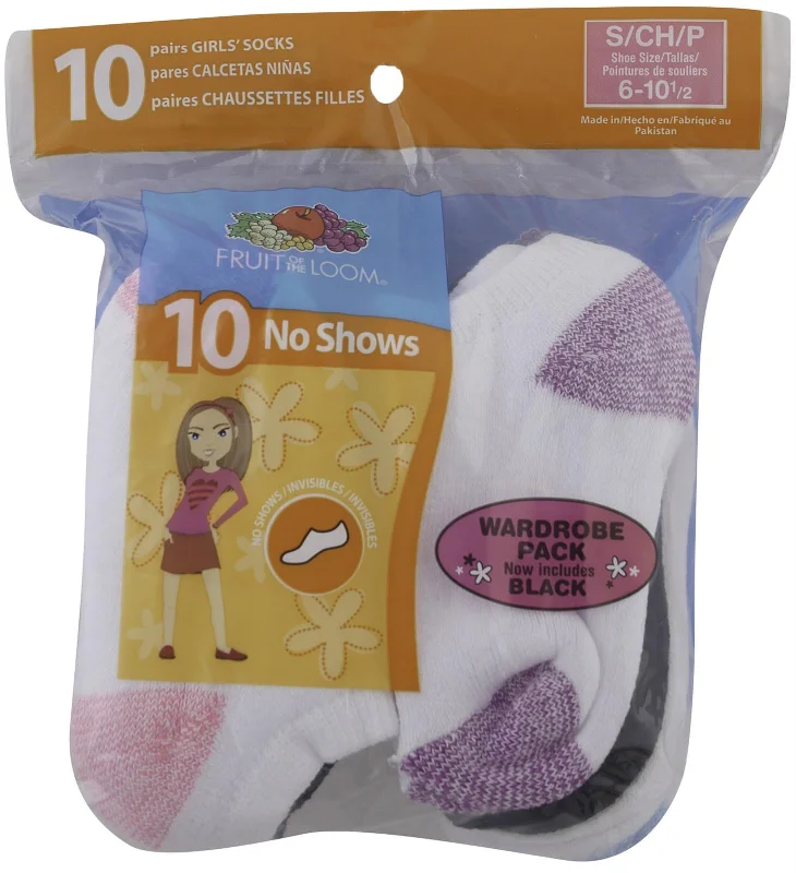 Fruit of the Loom Girl`s Value 10 Pack No Show Socks