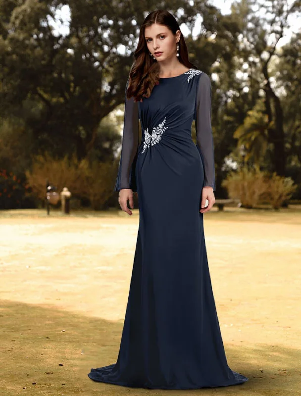 Sheath / Column Evening Gown Empire Dress Wedding Guest Formal Evening Sweep / Brush Train Long Sleeve Jewel Neck Chiffon with Sash / Ribbon Pure Color Shouder Flower Sheath / Column Evening Gown Empire Dress Wedding Guest Formal Evening Sweep / Brush Train Long Sleeve Jewel Neck Chiffon with Sash / Ribbon Pure Color Shouder Flower